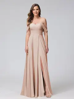 A-Line/Princess Off-the-Shoulder Sleeveless Floor-Length Bridemaid Dresses with Split Side & Ruched — view 29