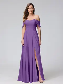A-Line/Princess Off-the-Shoulder Sleeveless Floor-Length Bridemaid Dresses with Split Side & Ruched — view 43