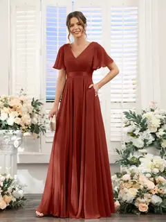 A-Line/Princess V-Neck Short Sleeves Chiffon Bridesmaid Dresses with Pockets — view 14