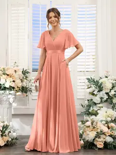 A-Line/Princess V-Neck Short Sleeves Chiffon Bridesmaid Dresses with Pockets — view 16