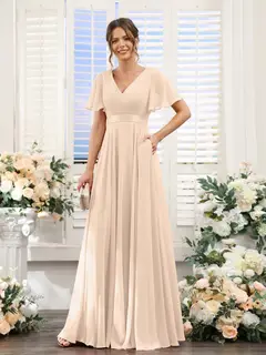 A-Line/Princess V-Neck Short Sleeves Chiffon Bridesmaid Dresses with Pockets — view 24