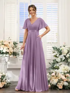 A-Line/Princess V-Neck Short Sleeves Chiffon Bridesmaid Dresses with Pockets — view 41