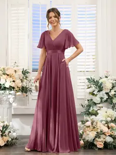 A-Line/Princess V-Neck Short Sleeves Chiffon Bridesmaid Dresses with Pockets — view 44