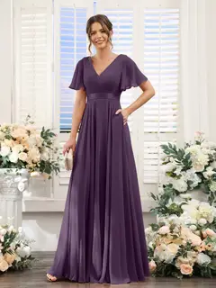 A-Line/Princess V-Neck Short Sleeves Chiffon Bridesmaid Dresses with Pockets — view 47