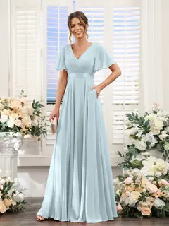 A-Line/Princess V-Neck Short Sleeves Chiffon Bridesmaid Dresses with Pockets — view 48