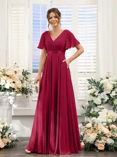 A-Line/Princess V-Neck Short Sleeves Chiffon Bridesmaid Dresses with Pockets — view 81