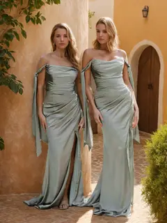 Sheath/Column Off-the-Shoulder Sleeveless Ruched Sweep Train Bridesmaid Dresses with Slit & Ribbons — view 1