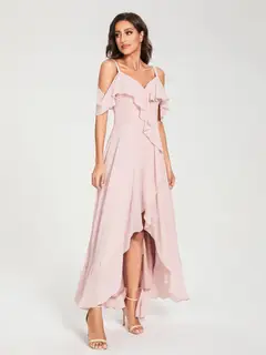 A-Line/Princess Spaghetti Straps V-Neck Short Sleeves Asymmetrical Bridemaid Dresses With Ruffles — view 6