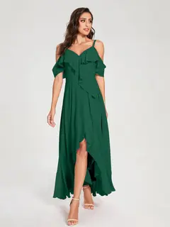 A-Line/Princess Spaghetti Straps V-Neck Short Sleeves Asymmetrical Bridemaid Dresses With Ruffles — view 11