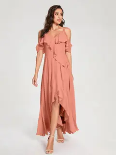 A-Line/Princess Spaghetti Straps V-Neck Short Sleeves Asymmetrical Bridemaid Dresses With Ruffles — view 15