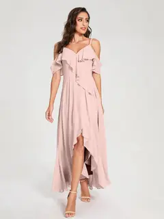 A-Line/Princess Spaghetti Straps V-Neck Short Sleeves Asymmetrical Bridemaid Dresses With Ruffles — view 26