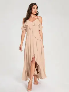 A-Line/Princess Spaghetti Straps V-Neck Short Sleeves Asymmetrical Bridemaid Dresses With Ruffles — view 29