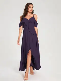 A-Line/Princess Spaghetti Straps V-Neck Short Sleeves Asymmetrical Bridemaid Dresses With Ruffles — view 45