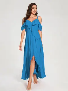 A-Line/Princess Spaghetti Straps V-Neck Short Sleeves Asymmetrical Bridemaid Dresses With Ruffles — view 53