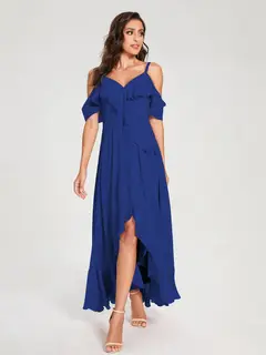 A-Line/Princess Spaghetti Straps V-Neck Short Sleeves Asymmetrical Bridemaid Dresses With Ruffles — view 56