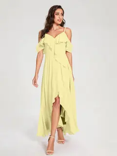 A-Line/Princess Spaghetti Straps V-Neck Short Sleeves Asymmetrical Bridemaid Dresses With Ruffles — view 69