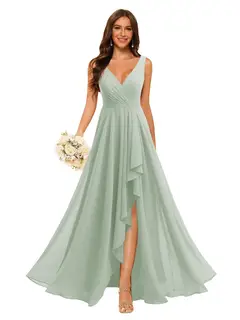 A-Line/Princess V Neck Sleeveless Floor Length Bridesmaid Dresses Chiffon with Slit Pockets — view 13