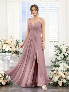 A-Line/Princess V-Neck Spaghetti Straps Sleeveless Floor-Length Chiffon Bridesmaid Dresses with Split Side — view 31