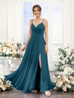 A-Line/Princess V-Neck Spaghetti Straps Sleeveless Floor-Length Chiffon Bridesmaid Dresses with Split Side — view 58