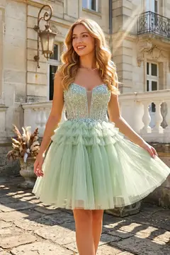 Mint Green Short Homecoming Dress Ball Gown Tulle Tiered Homecoming Dress — view 1
