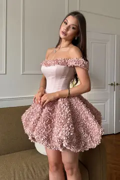 Pink Off-Shoulder Corset Mini Homecoming Dress with 3D Floral Petal — view 1