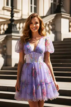 Lavender Floral Tulle V-Neck Mini Homecoming Dress — view 1