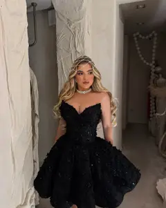 Black 3D Floral Beaded Mini Ball Gown Homecoming Dress — view 2