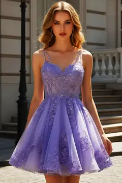 Lavender Lace Appliqué Tulle Homecoming Dress with Spaghetti Straps — view 3