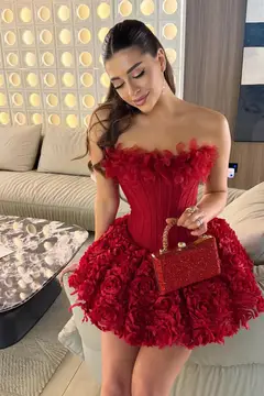 Red Strapless Corset 3D Flower Mini Short Homecoming Dress — view 1