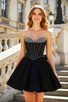 Black Satin Strapless A-Line Sweetheart Mini Homecoming Dress — view 3
