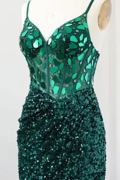 Emerald Green Sequin Sheath Lace-Up Homecoming Dress — view 7