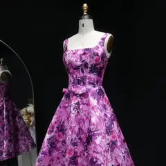 Purple Floral A-Line Open Back Homecoming Dress — view 8