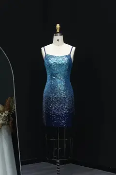 Ombre Blue Sequin Spaghetti Strap Scoop Homecoming Dress — view 5