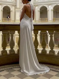 Halter Satin Mermaid Floor-Length Wedding Dress — LV03441461 — view 2