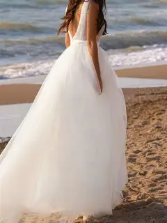 V-Neck Tulle A-Line Floor-Length Wedding Dress — LV89671477 — view 2
