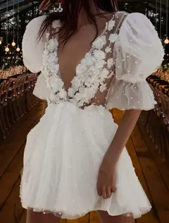 V-Neck Tulle A-Line Mini Wedding Dress — LV17114933 — view 1
