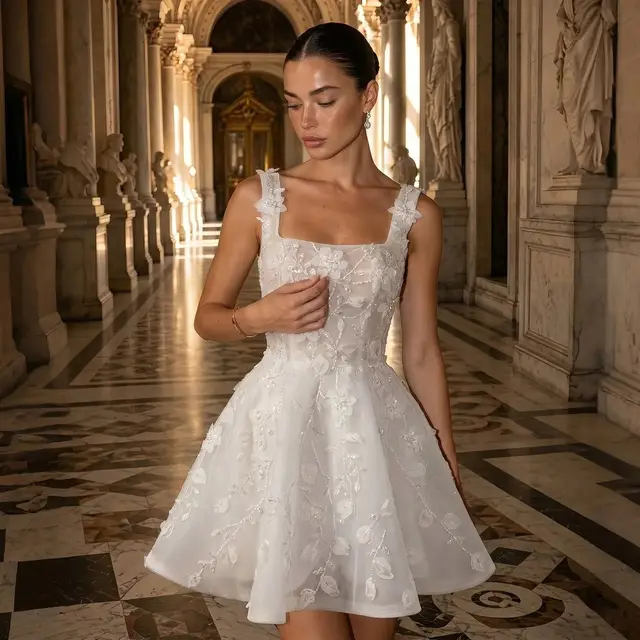3D Floral Appliqué Short with Sparkle Tulle Wedding Dress — SW722