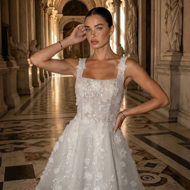 3D Floral Appliqué Short with Sparkle Tulle Wedding Dress — SW722