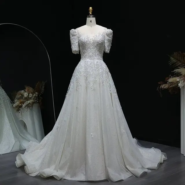 Beaded Puffy Lace Off Shoulder Wedding Dress — SW038
