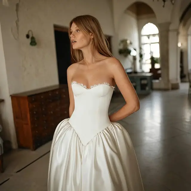 Minimalist Strapless Lace Trim Corset Satin Ball Gown — SW741