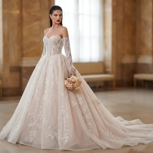 Strapless Corset Lace Tulle Bridal Gown with Long Detachable Sleeves — SW703