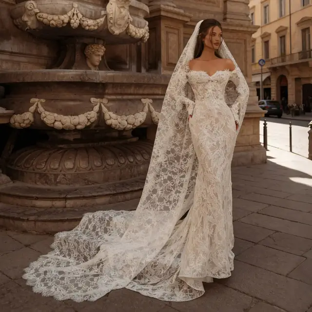 Bohemian Off-the-Shoulder Sheer Lace Mermaid with Veil Wedding Dress — SW176