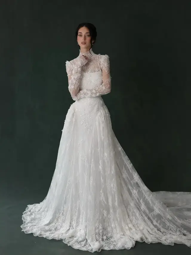 Classic Lace High Neck Long Sleeve A-Line with Veil Wedding Dress — SW275