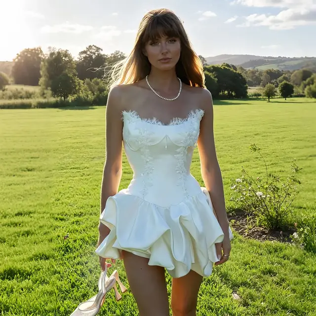 Delicate Lace Trim Sweetheart Flared Ruffle Wedding Dress — SW726