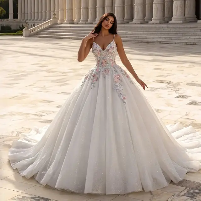 Floral Applique A-Line Tulle with Train Wedding Dress — SW704