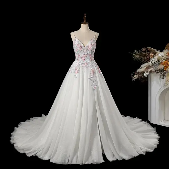 Floral Applique A-Line Tulle with Train Wedding Dress — SW704