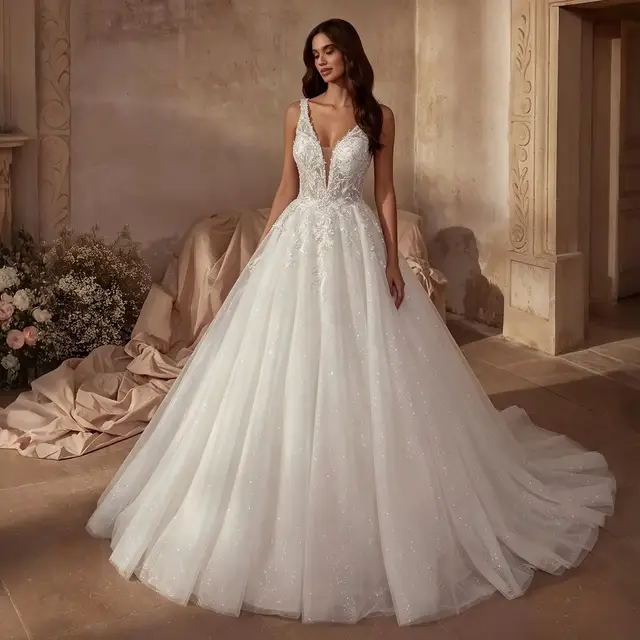 Glitter Tulle with Lace Bodice and Corset Back Wedding Dress — SW710