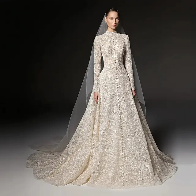 High Neck Long Sleeve Lace A-Line with Buttons Wedding Dress — SW669