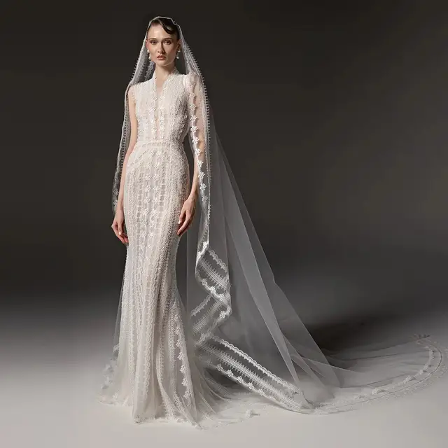 High Neck Sheer Lace Long Sleeves Mermaid with Veil Wedding Dress — SW662