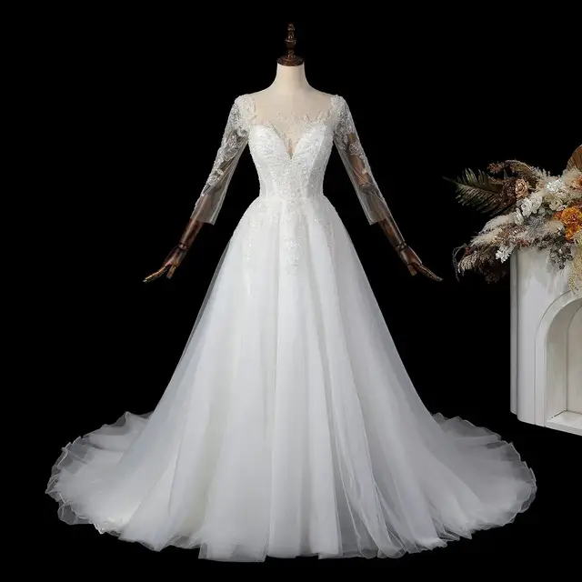 Illusion Neck Lace & Tulle with Cathedral Train Wedding Dress — SW709
